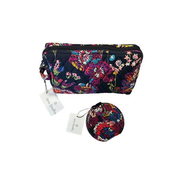 Vera Bradley Midnight Wildflowers Medium Cosmetic Bag & Travel Mirror NWT RARE - Picture 2 of 15